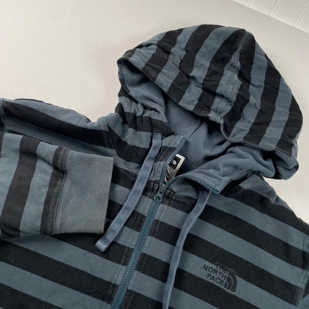 The North Face Mens XL Full Zip Hoodie Blue Black Striped Sweatshirt Logo
